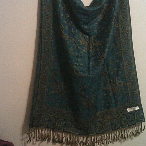 Teal Paisley Pashmina Silk Blend Scarf Shawl Wrap Boho Fringe 60โ - Picture 2 of 7